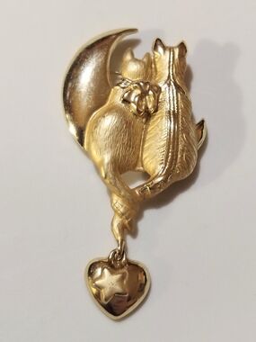 Vintage AJC Moon & Star Heart Twisted Tails Romantic Kitty Cats Large Brooch Pin
